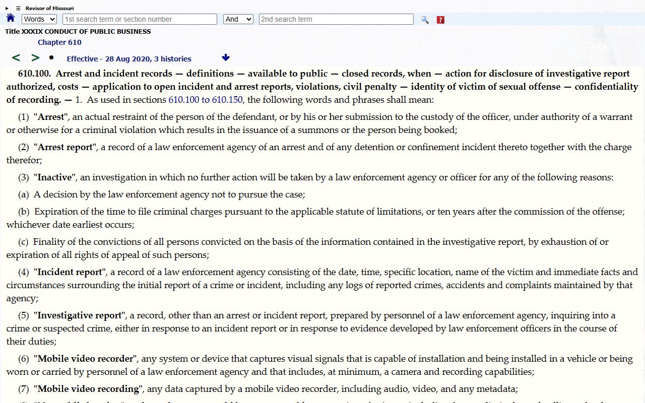 Clark County criminal court records Missouri arrest and incident records statute