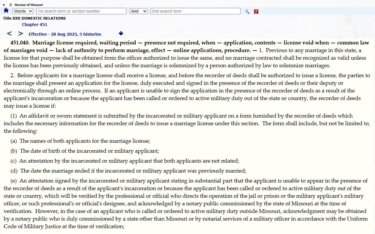 Clark County marriage and divorce records Missouri marriage license age statute