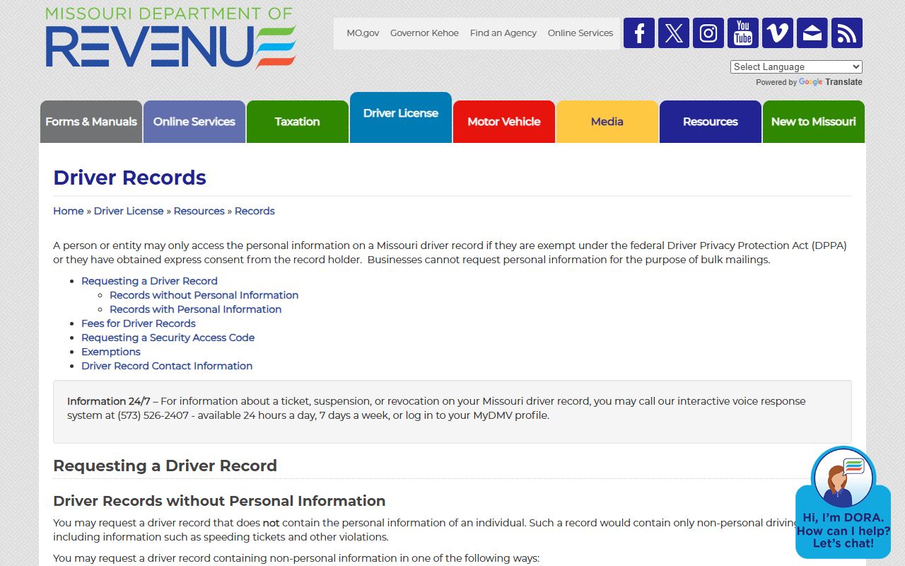 Clark County traffic court records Missouri DOR driver record page